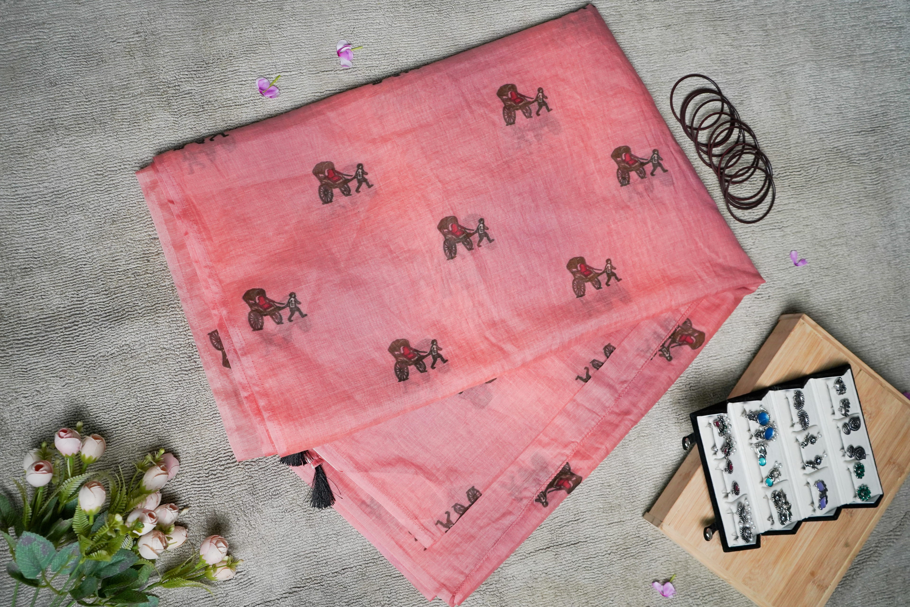 Kolkata Rickshaw Mul Chanderi Saree – Coral Pink