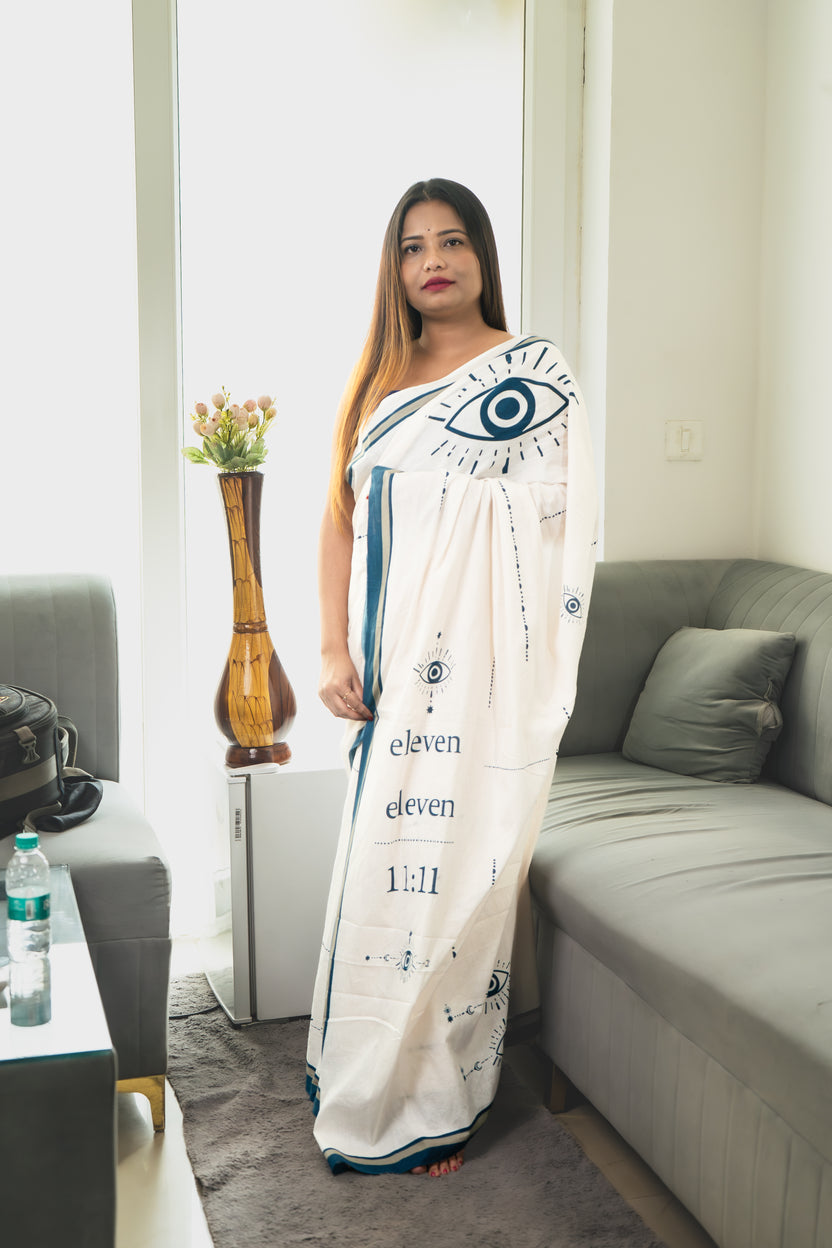 11:11 Evil Eye Saree in ivory white